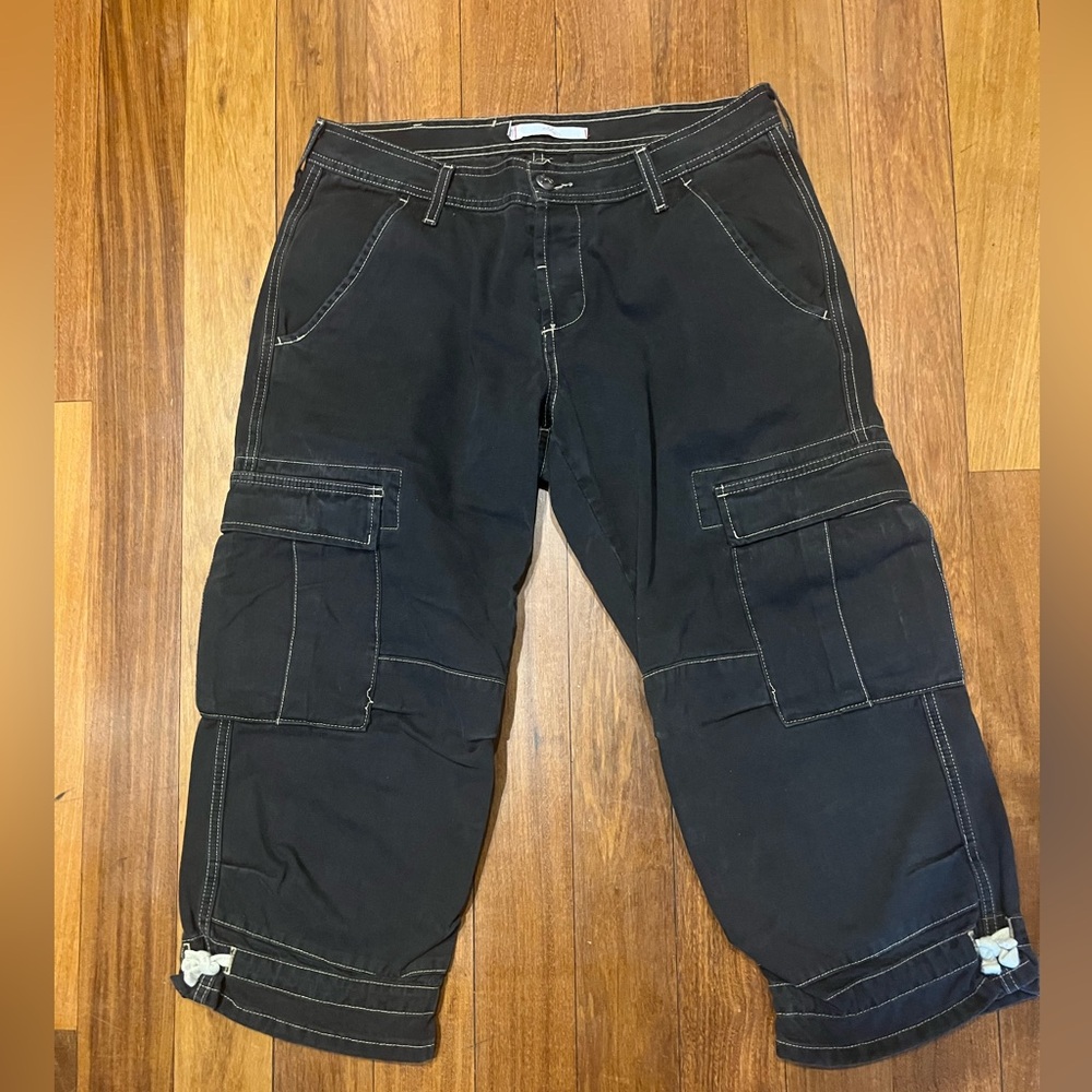 Joie Y2K Black Distressd Canvas Utility Cropped Cargo Baggy Pants sz 28 Gorpcore